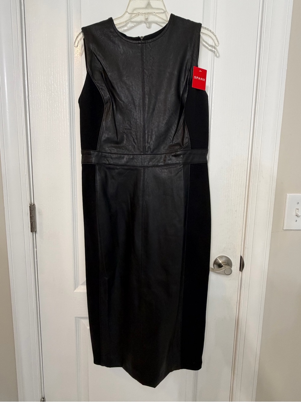 SPANX Black Faux Leather Paneled Sheath Dress